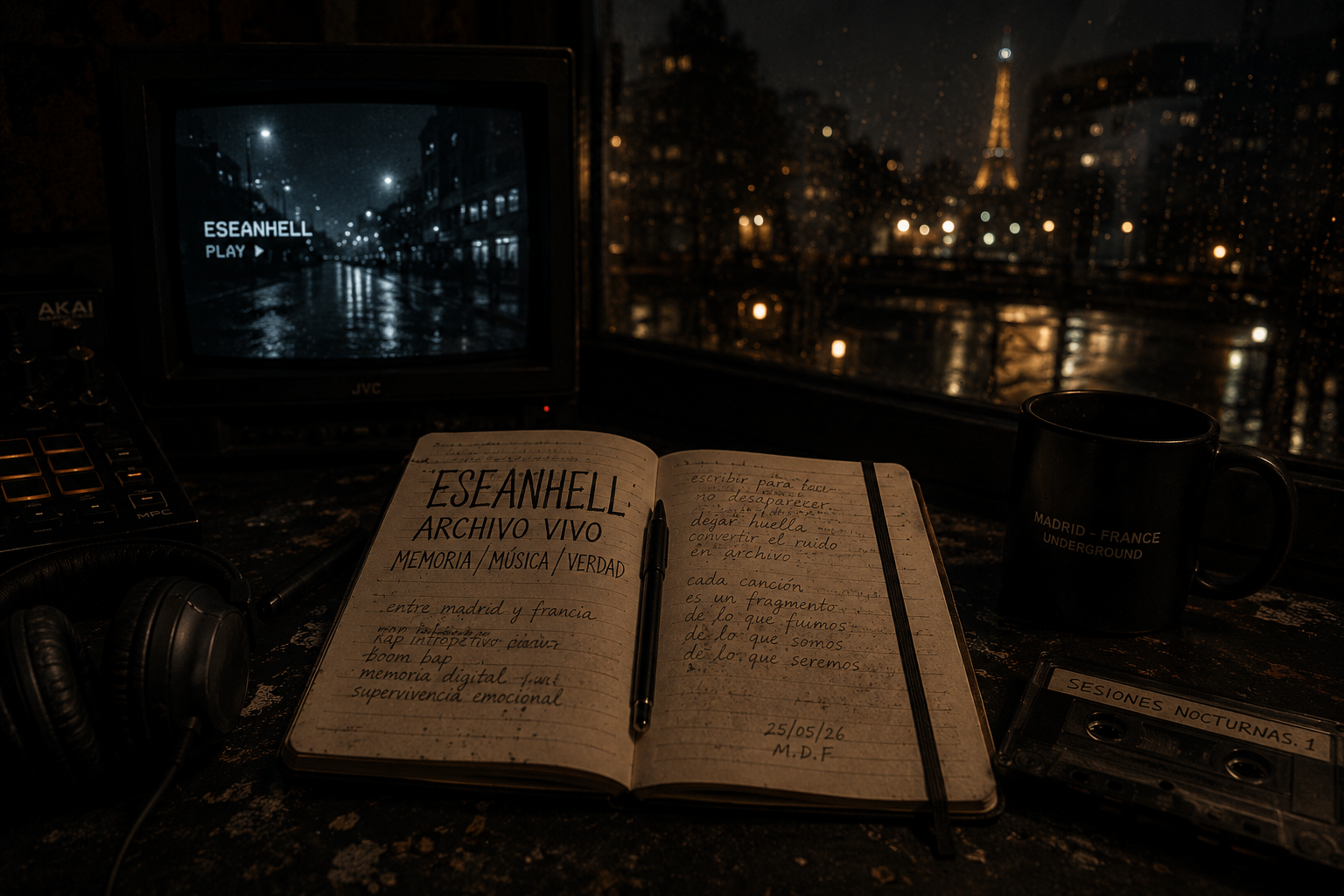 Cuaderno abierto del proyecto eseanhell sobre una mesa nocturna con lluvia, monitor retro y atmósfera underground entre Madrid y Francia.