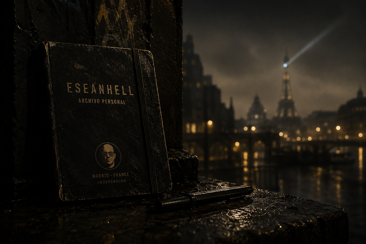 Imagen destacada del archivo vivo de eseanhell. Cuaderno negro bajo la lluvia en una ciudad nocturna inspirada en París, con atmósfera cinematográfica underground y estética hip-hop introspectiva.