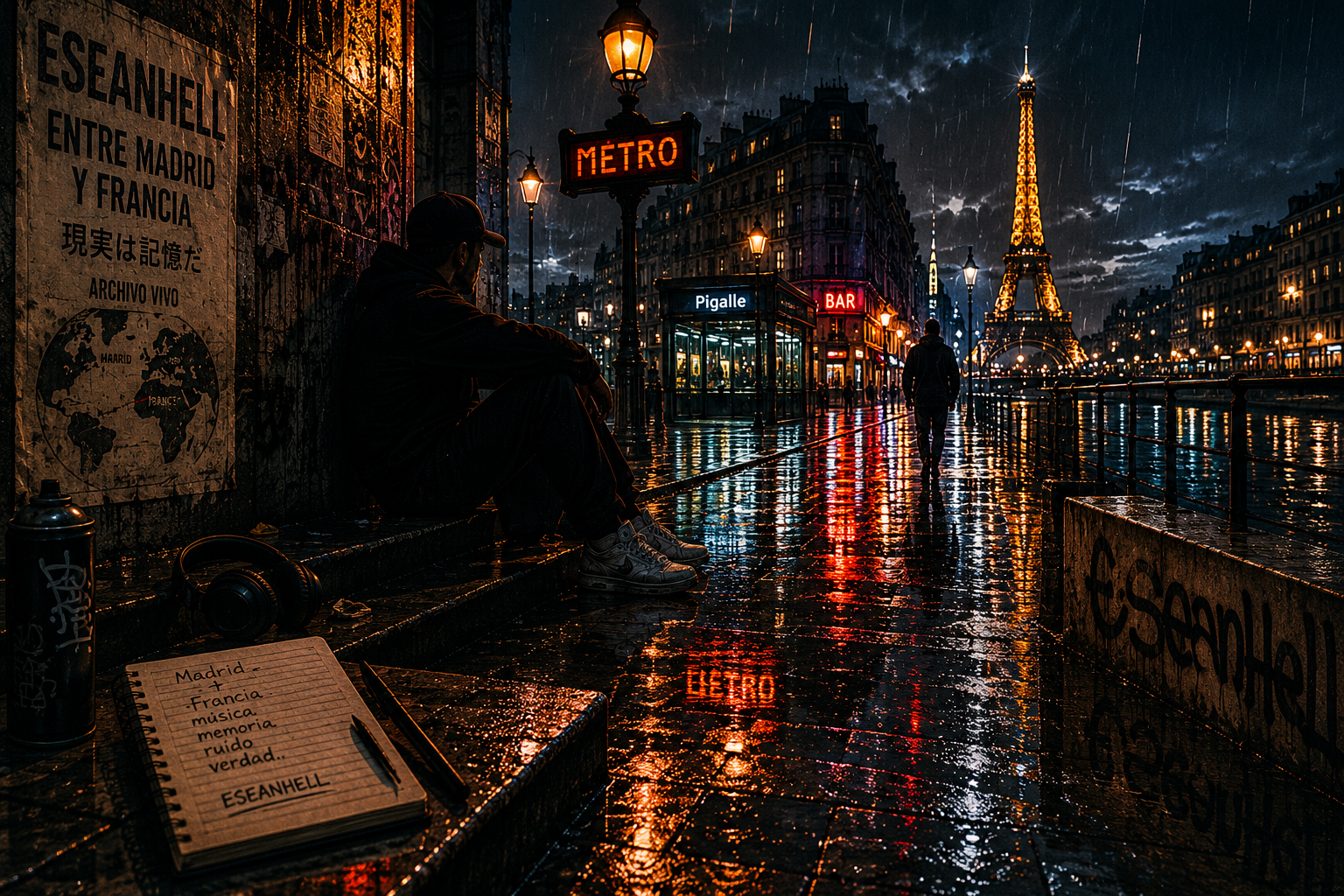 Escena nocturna y lluviosa entre Madrid y París con atmósfera underground, luces urbanas y estética cinematográfica del universo eseanhell.