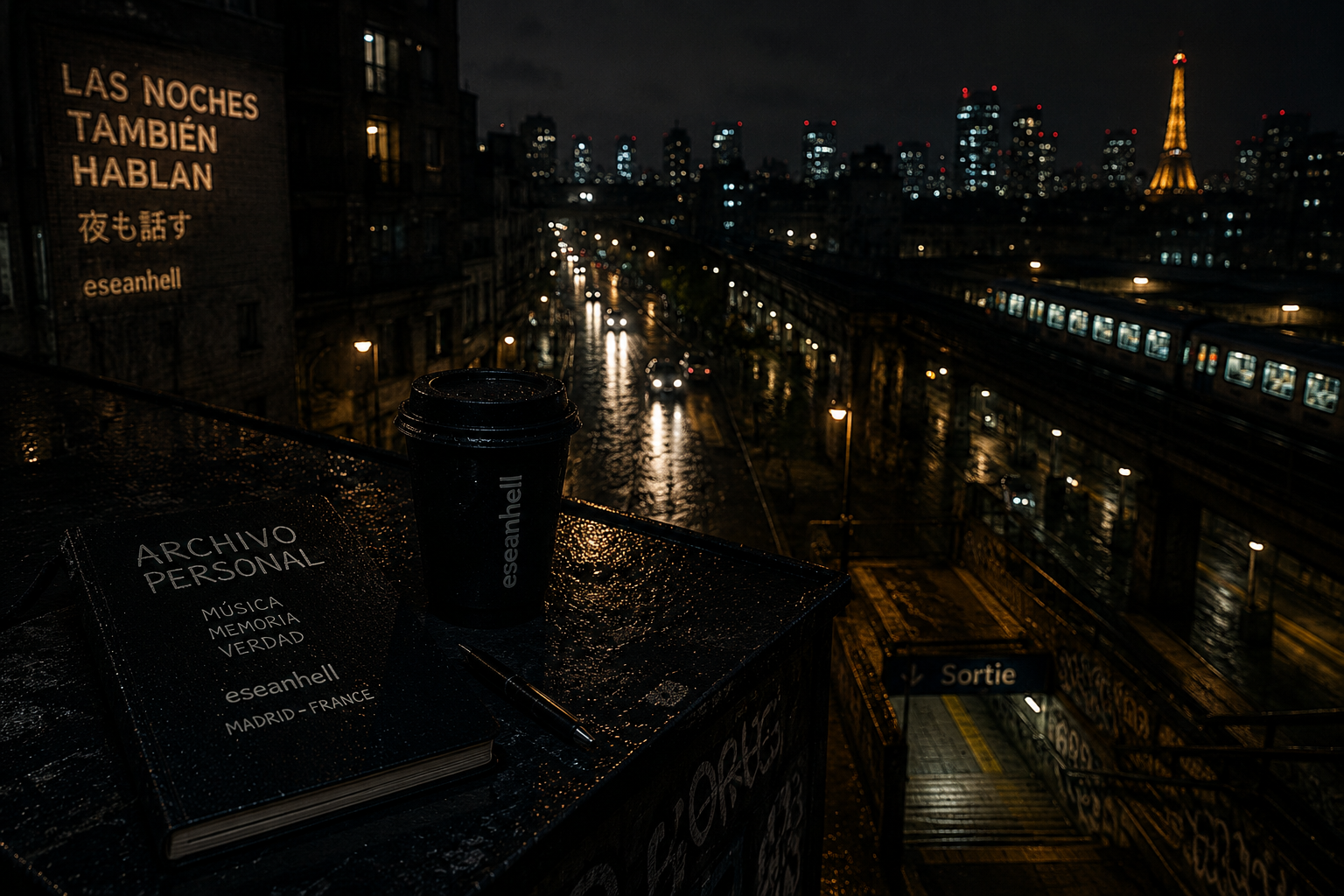 Paisaje urbano nocturno con lluvia, estación de metro y atmósfera cinematográfica inspirada en el universo underground de eseanhell.