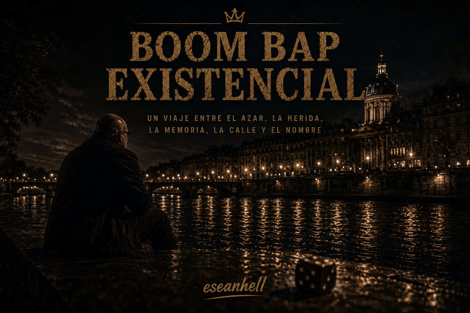 Portada del álbum Boom Bap Existencial de eseanhell. Un hombre observa el reflejo de una ciudad nocturna junto al río, simbolizando un viaje entre el azar, la herida, la memoria, la calle y la identidad.