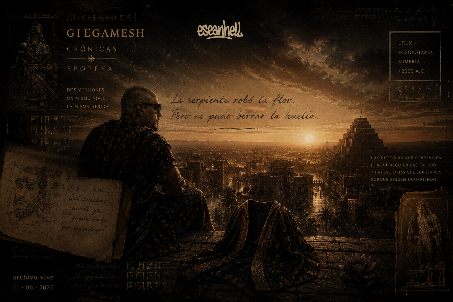 Ilustración inspirada en Gilgamesh contemplando Uruk al atardecer, acompañado por la ausencia simbólica de Enkidu. Imagen utilizada en Archivo Vivo de eseanhell para documentar la creación de las obras Gilgamesh (Crónicas) y Gilgamesh (Epopeya).