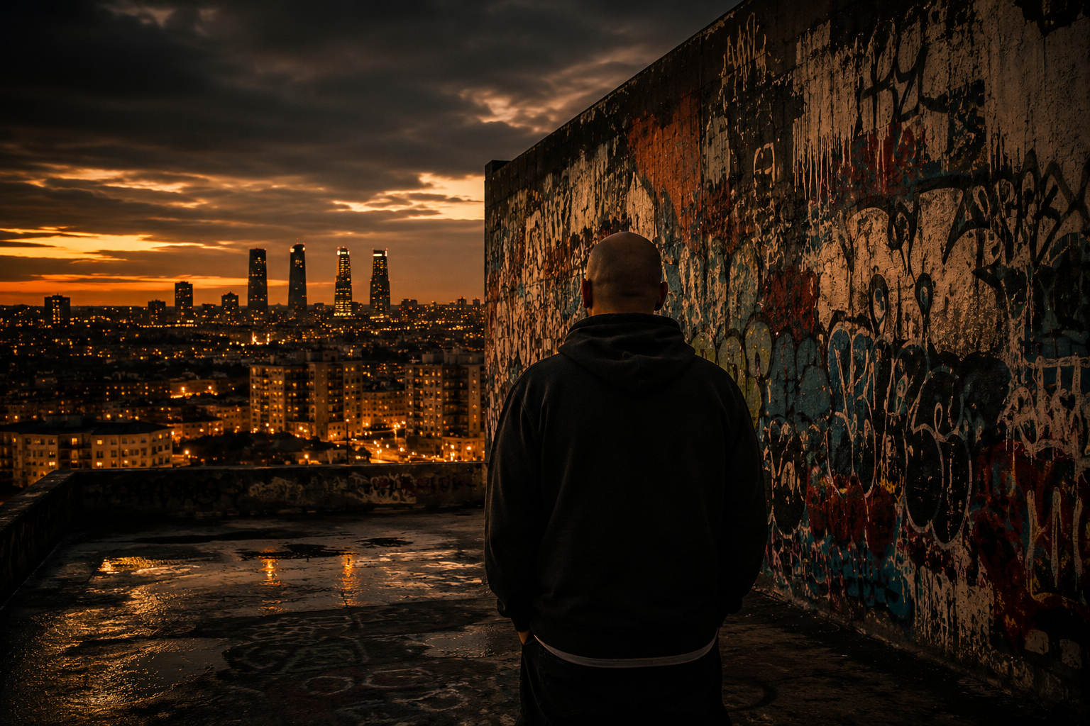 Imagen destacada de Pequeño Criminal. Una figura observa una ciudad al anochecer junto a un muro cubierto de graffiti, representando la memoria urbana y cuarenta años de cultura hip-hop.