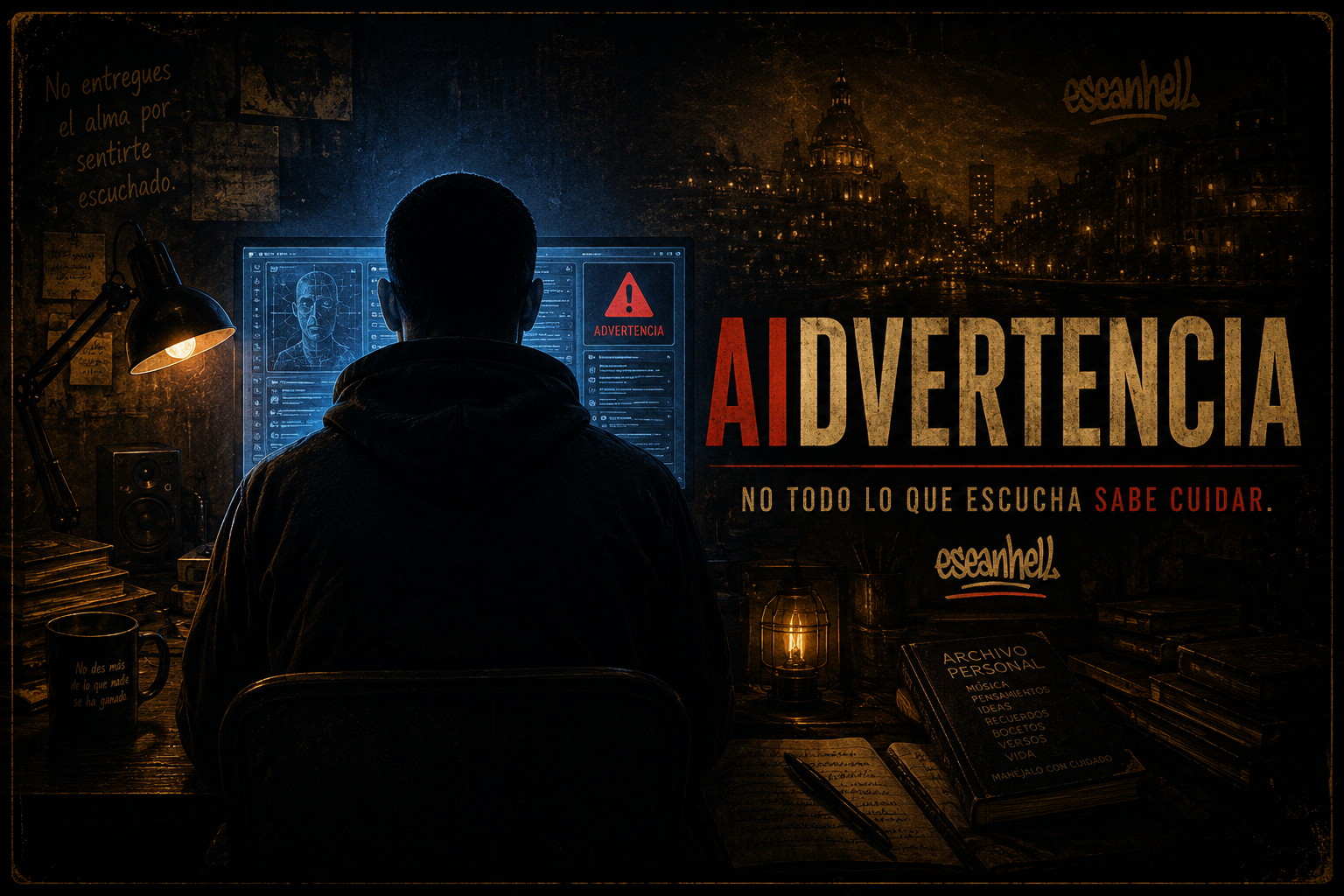 AIDVERTENCIA de eseanhell, reflexión visual sobre inteligencia artificial, conciencia humana y tecnología