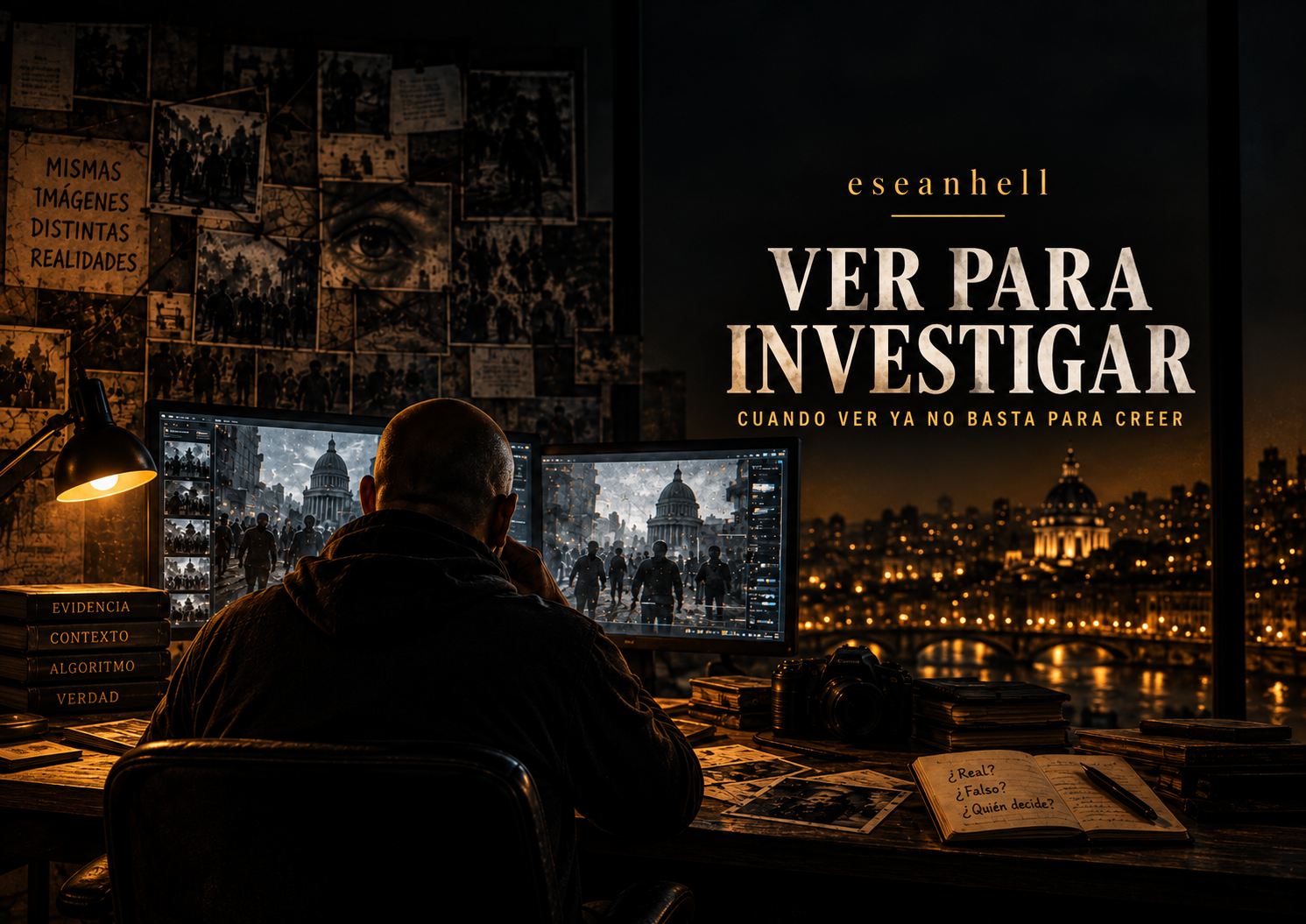 Imagen destacada de “Ver para investigar” de eseanhell, con un espacio de investigación visual, pantallas y ambiente urbano nocturno.