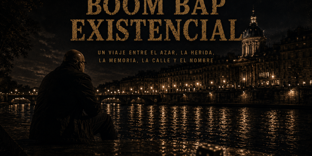 Portada del álbum Boom Bap Existencial de eseanhell. Un hombre observa el reflejo de una ciudad nocturna junto al río, simbolizando un viaje entre el azar, la herida, la memoria, la calle y la identidad.