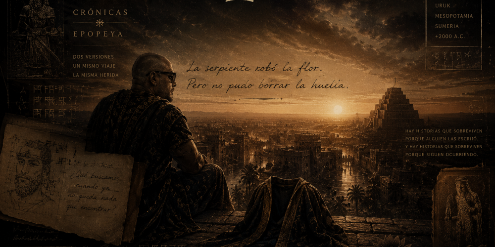 Ilustración inspirada en Gilgamesh contemplando Uruk al atardecer, acompañado por la ausencia simbólica de Enkidu. Imagen utilizada en Archivo Vivo de eseanhell para documentar la creación de las obras Gilgamesh (Crónicas) y Gilgamesh (Epopeya).