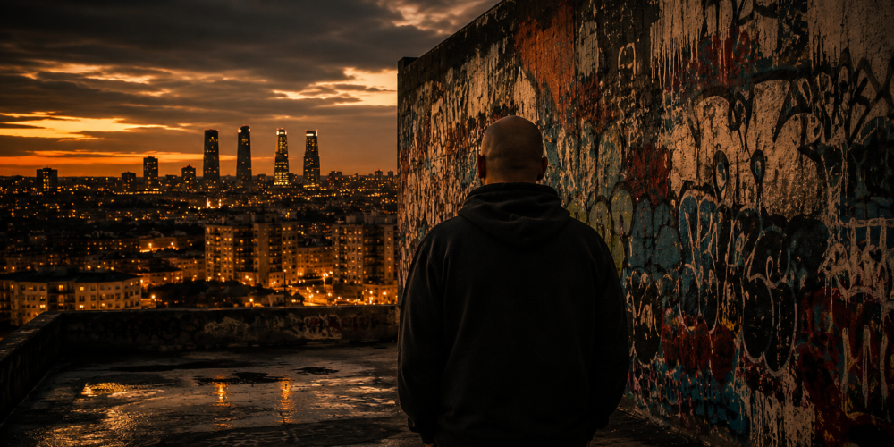 Imagen destacada de Pequeño Criminal. Una figura observa una ciudad al anochecer junto a un muro cubierto de graffiti, representando la memoria urbana y cuarenta años de cultura hip-hop.