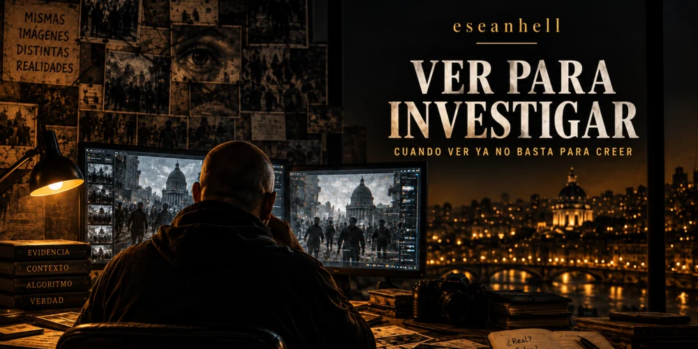 Imagen destacada de “Ver para investigar” de eseanhell, con un espacio de investigación visual, pantallas y ambiente urbano nocturno.