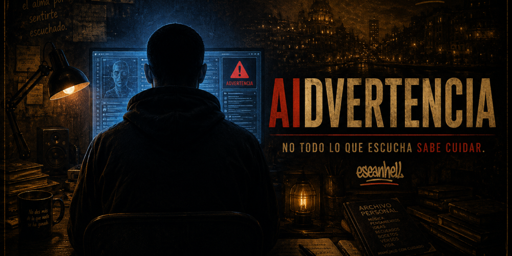 AIDVERTENCIA de eseanhell, reflexión visual sobre inteligencia artificial, conciencia humana y tecnología