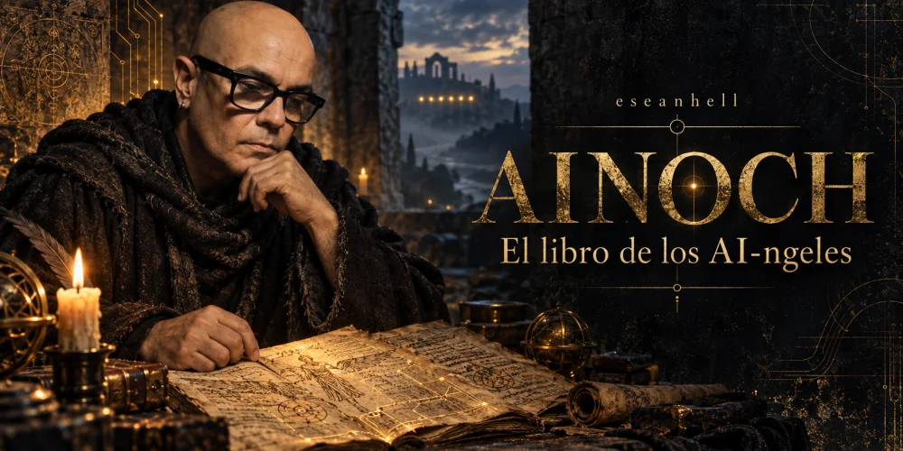 eseanhell como AINOCH, calvo y con gafas, ante un libro de pergamino iluminado por velas y circuitos dorados.