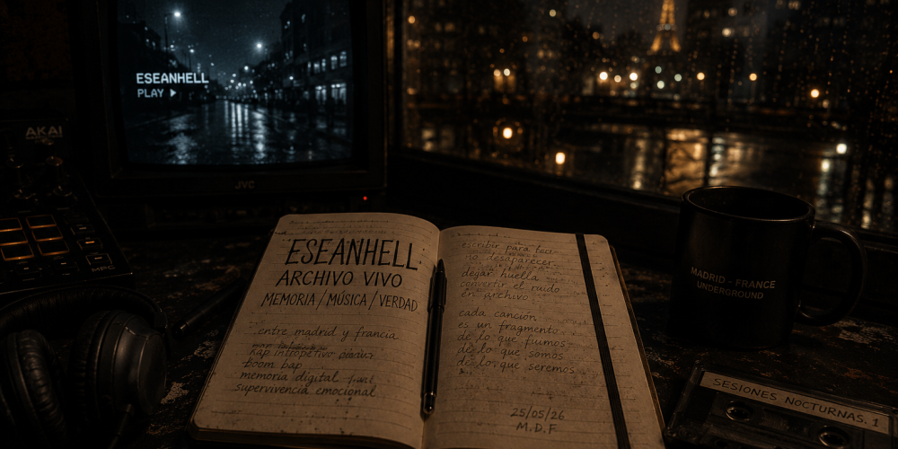 Cuaderno abierto del proyecto eseanhell sobre una mesa nocturna con lluvia, monitor retro y atmósfera underground entre Madrid y Francia.