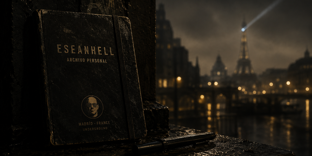 Imagen destacada del archivo vivo de eseanhell. Cuaderno negro bajo la lluvia en una ciudad nocturna inspirada en París, con atmósfera cinematográfica underground y estética hip-hop introspectiva.