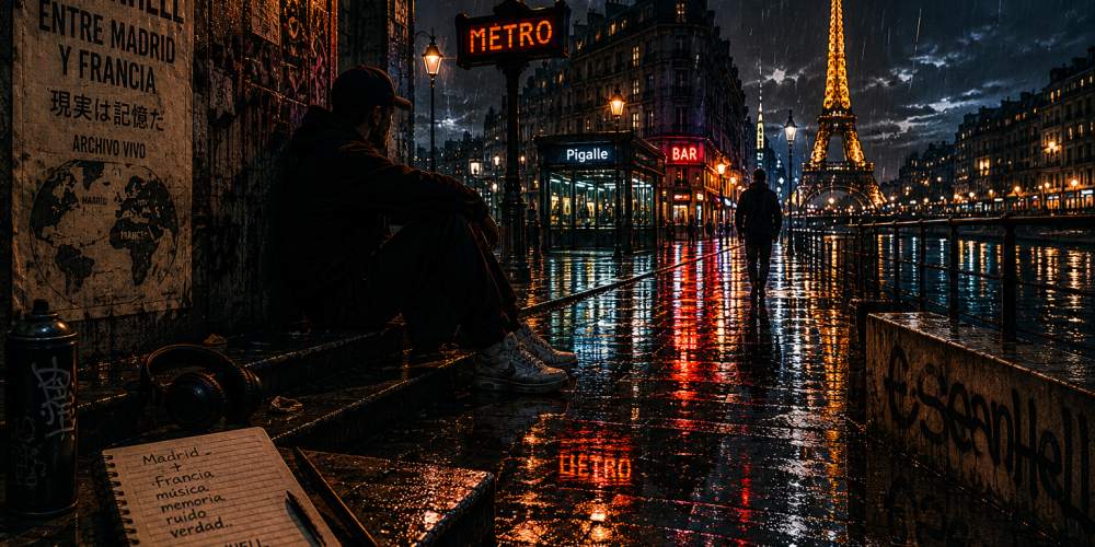 Escena nocturna y lluviosa entre Madrid y París con atmósfera underground, luces urbanas y estética cinematográfica del universo eseanhell.