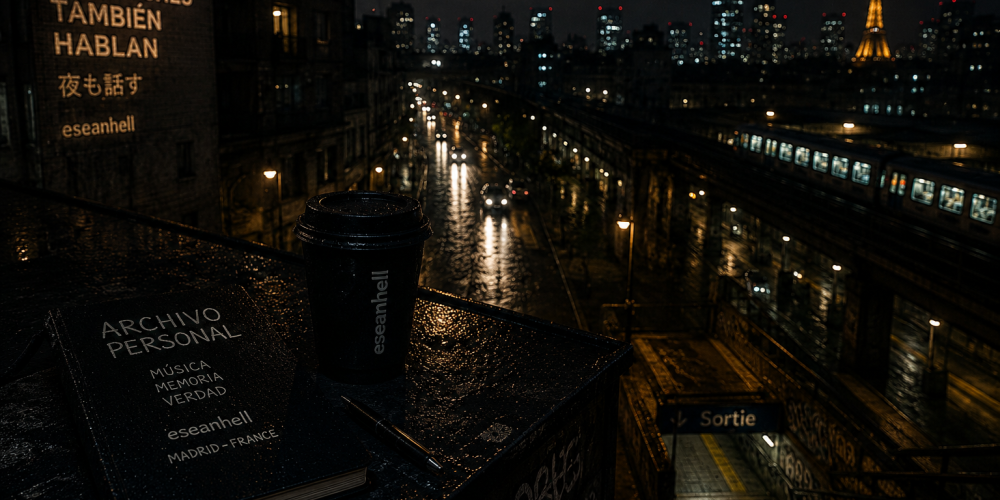Paisaje urbano nocturno con lluvia, estación de metro y atmósfera cinematográfica inspirada en el universo underground de eseanhell.
